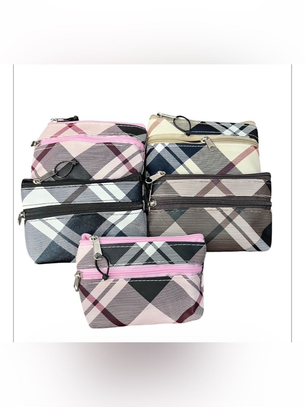 Pink Plaid Small Cosmetic Pouch Set of 5